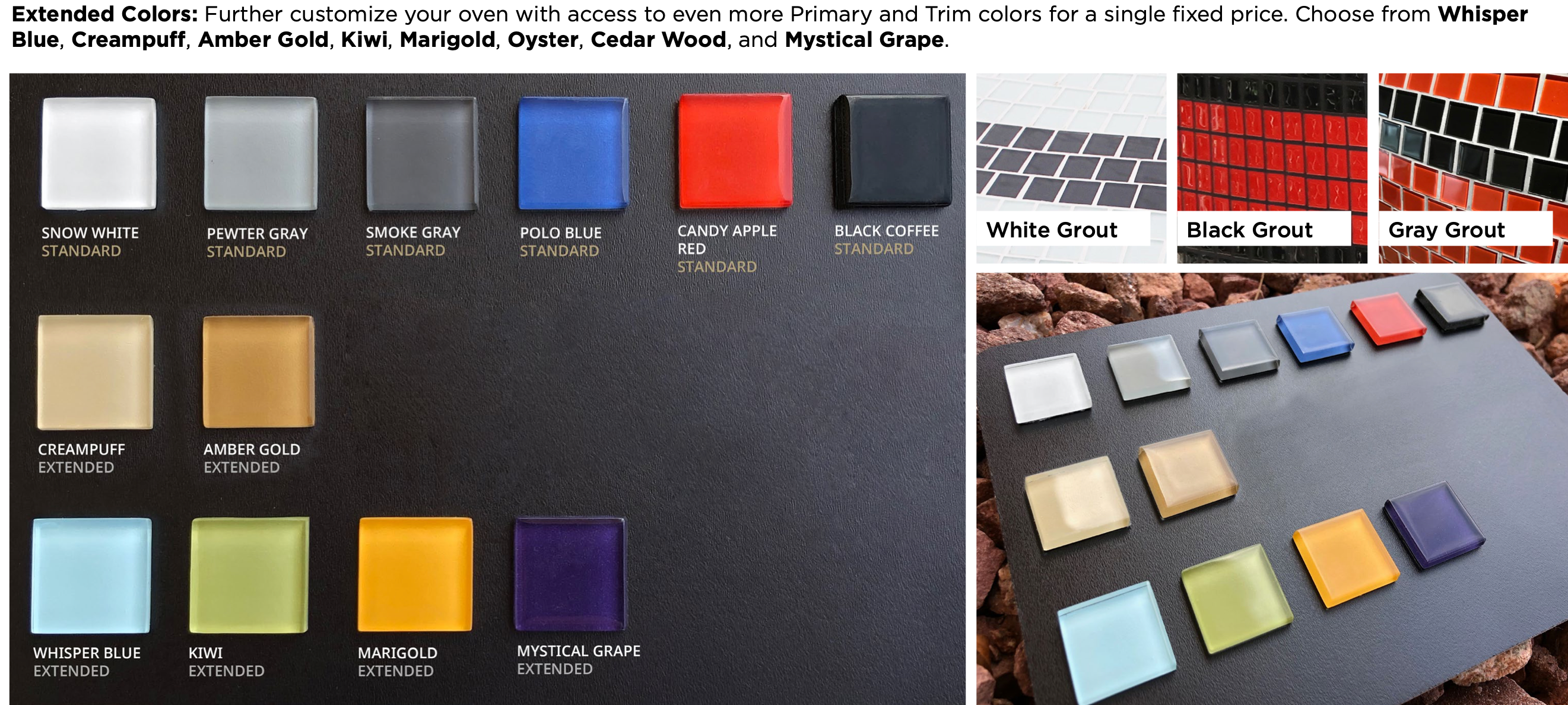 Napolino70 tile color options showing Standard and Extended colors alongside grout color samples